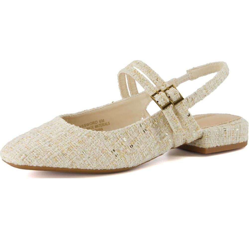 Tahari Women's Beige Gold Sling Back Tweed Maryjane Sandals Size 8M